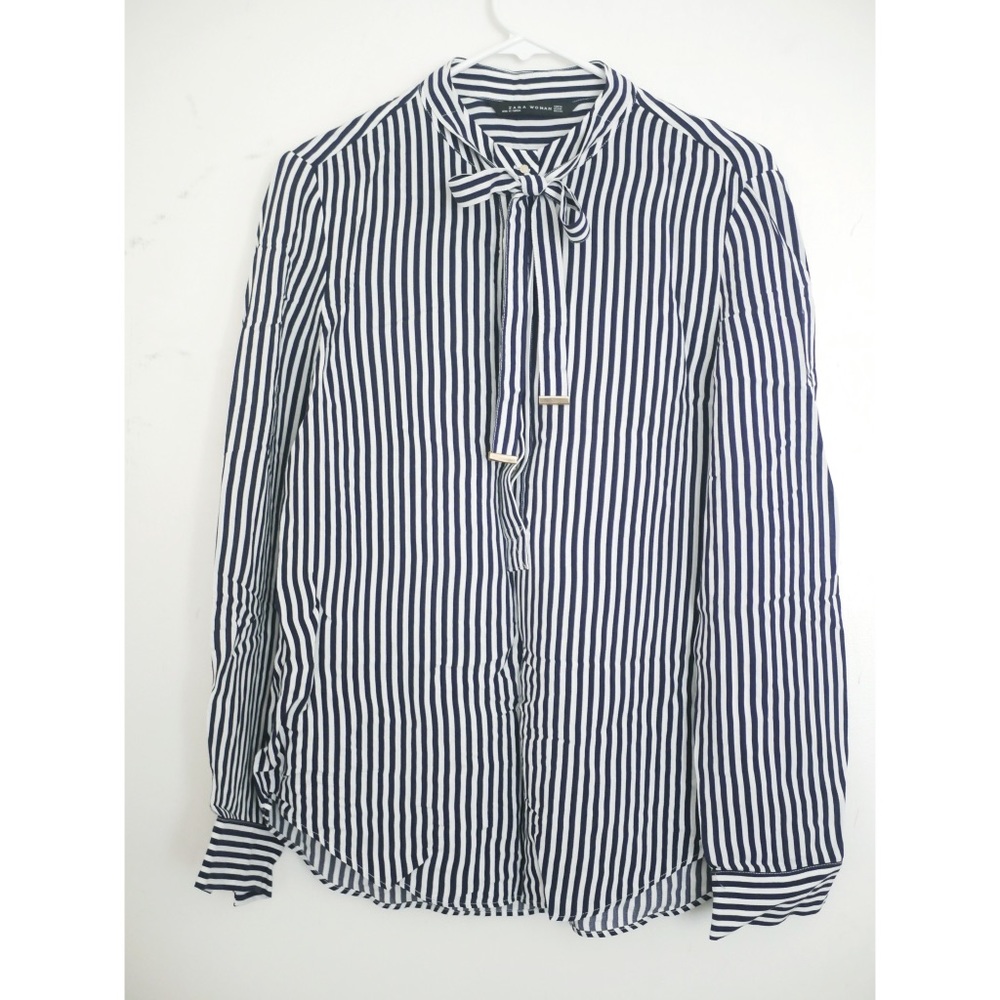 Zara long sleeve stripe bow tie blouse